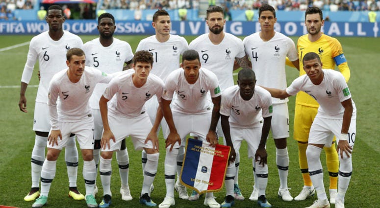 France's starting players pose for a team photo at the beginning of he quarterfinal match between Uruguay and France at the 2018 soccer World Cup in the Nizhny Novgorod Stadium, in Nizhny Novgorod, Russia. France's starting players pose for a team photo at the beginning of he quarterfinal match between Uruguay and France at the 2018 soccer World Cup in the Nizhny Novgorod Stadium, in Nizhny Novgorod, Russia.