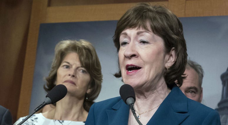 In this Feb. 15, 2018 file photo, Sen. Susan Collins, R-Maine and Sen. Lisa Murkowski, R-Alaska, left, are shown during a news conference at the Capitol in Washington. In this Feb. 15, 2018 file photo, Sen. Susan Collins, R-Maine and Sen. Lisa Murkowski, R-Alaska, left, are shown during a news conference at the Capitol in Washington.