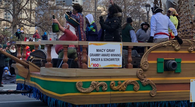 Grammy-winner Macy Gray waves to the crowd from a pirate ship in Philly's Thanksgiving Day Parade. Grammy-winner Macy Gray waves to the crowd from a pirate ship in Philly's Thanksgiving Day Parade.