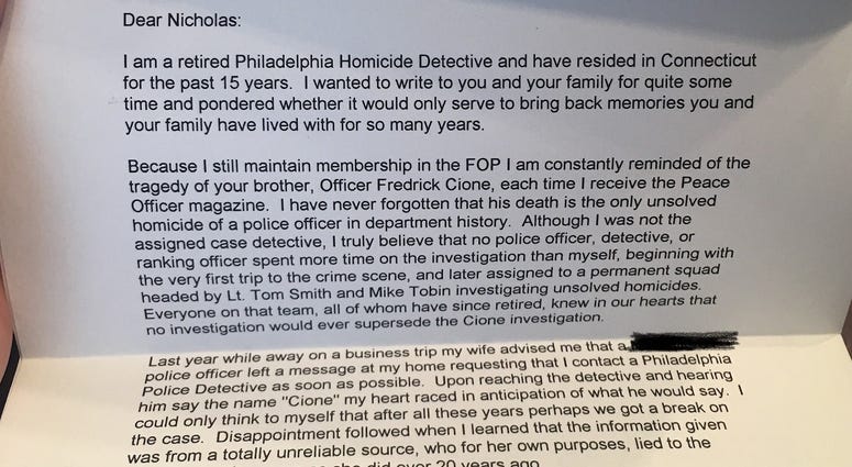 The letter Nick Cione received by Gerald Ross Jr., a former homicide detective. letter