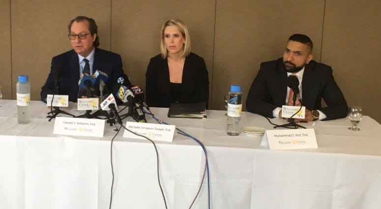 Attorney Gerald Williams left), of the law firm Williams Cedar, is accompanied by associates during a press conference of a civil lawsuit involving a former priest from the Diocese of Allentown. Attorney Gerald Williams left), of the law firm Williams Cedar, is accompanied by associates during a press conference of a civil lawsuit involving a former priest from the Diocese of Allentown.
