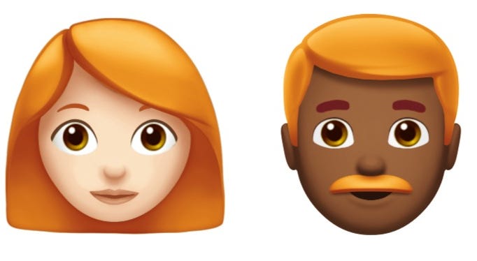 Ginger characters are among more than 70 emojis being added to Apple products this year. redhead emojis