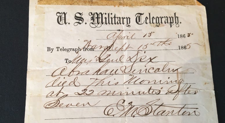 The original handwritten document notifying the country of Abraham Lincoln's death is currently up for sale by The Raab Collection. The original telegram of Abraham Lincoln's death.