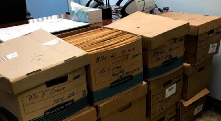 Boxes of evidence related to Fred Cione's murder, in the Philadelphia Police Special Investigations Unit. Boxes of evidence