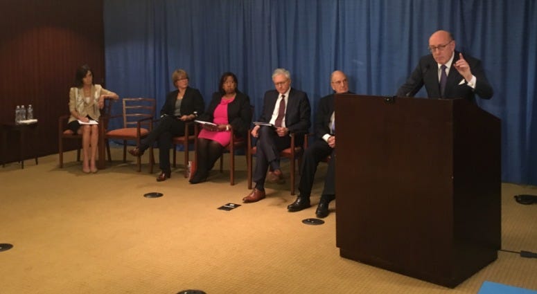 Former U.S. Sen. George Mitchell (right) discusses parameters of the Independent Reconciliation and Reparations Program (IRRP). Former U.S. Sen. George Mitchell (right) discusses parameters of the Independent Reconciliation and Reparations Program (IRRP).