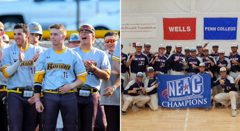 Left: Rowan University's men's baseball team. Right: Penn State Abington's men's baseball team. Rowan University and Penn State Abington's men's baseball teams