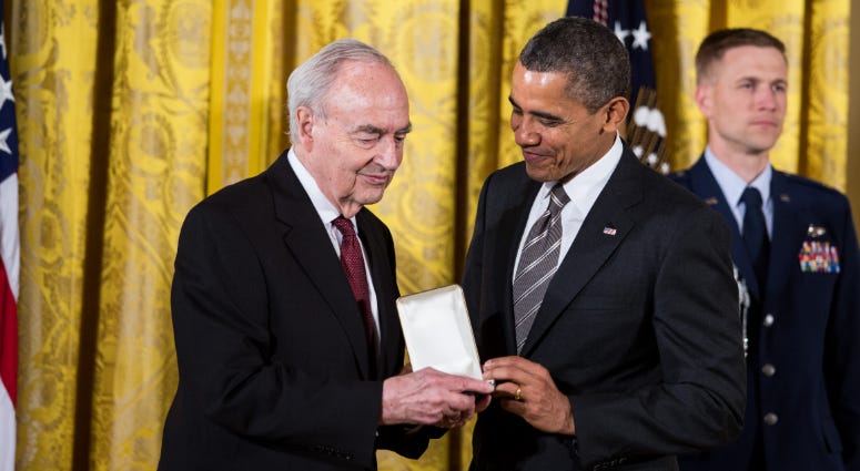 President Barack Obama presents Harris Wofford, former U.S. senator from Pennsylvania and former CEO of the Corporation for National and Community Service, with a 2012 Presidential Citizens Medal, Feb. 15, 2013. He died Jan. 21, 2019 at the age of 92. President Barack Obama presents Harris Wofford, former U.S. senator from Pennsylvania and former CEO of the Corporation for National and Community Service, with a 2012 Presidential Citizens Medal, Feb. 15, 2013.