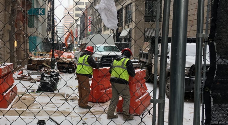 Work crews continue to repair damage done by a water main break in July on Sansom Street near Juniper. Work crews continue to repair damage done by a water main break in July on Sansom Street near Juniper.