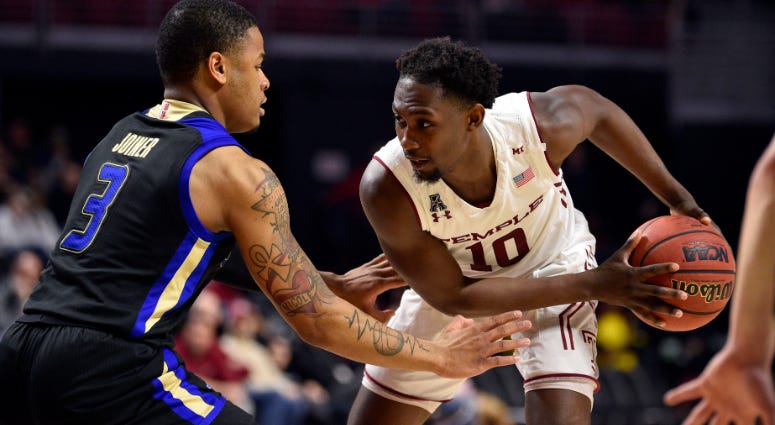 Temple Owls guard Shizz Alston Jr. (10) works the ball against Tulsa Golden Hurricane guard Elijah Joiner (3) during the second half at Liacouras Center, Feb. 23, 2019. Temple Owls guard Shizz Alston Jr.