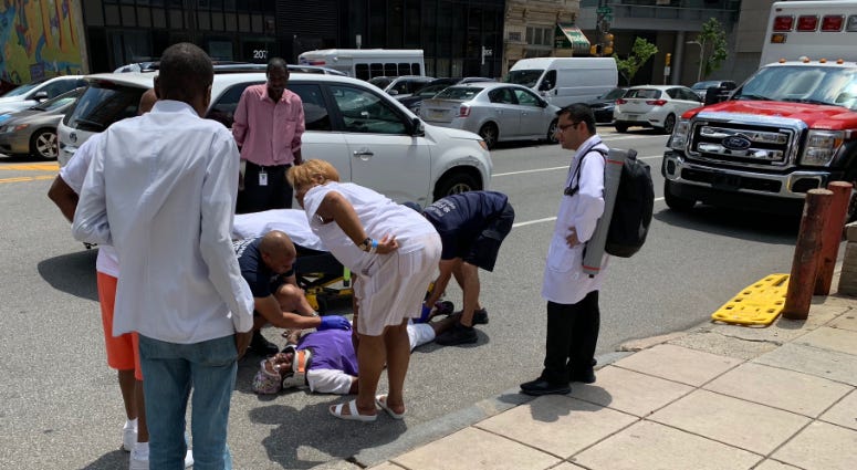 While Health Secretary Rachel Levine was meeting with ownership and administrators inside Hahnemann University Hospital on July 3, 2019, an elderly woman with a walker was knocked over by a slow-moving car, attempting to park right outside the hospital. Woman hit by car outside Hahnemann