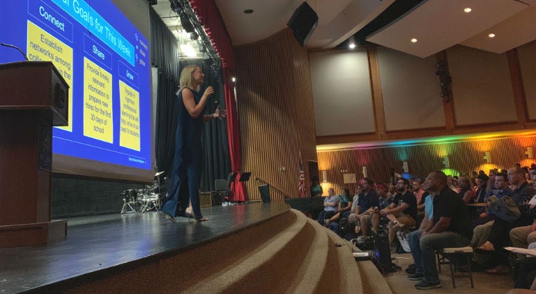 Nearly 700 newly hired Philadelphia teachers gathered at the Arts Academy at Benjamin Rush in Northeast Philly, Aug. 5, 2019, to start a week of orientation, coaching and planning. Philadelphia teacher orientation