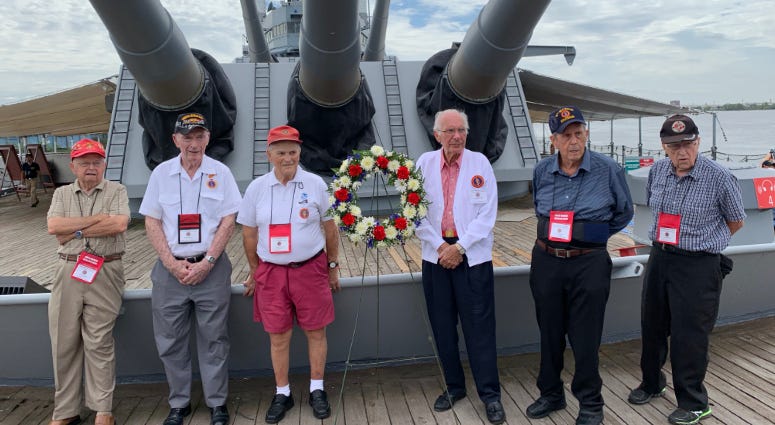 Men of the Sixth Marine Division during World War II reunite on the Battleship New Jersey. World War II Marines reunite