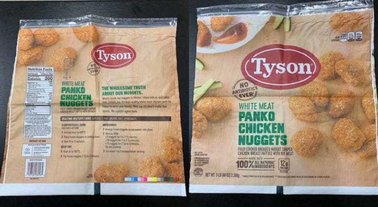 Tyson Foods is recalling 36,420 pounds of chicken nuggets — not because the chicken is rubbery, but — because rubber may actually be in them. Tyson Foods is recalling 36,420 pounds of chicken nuggets — not because the chicken is rubbery, but — because rubber may actually be in them.