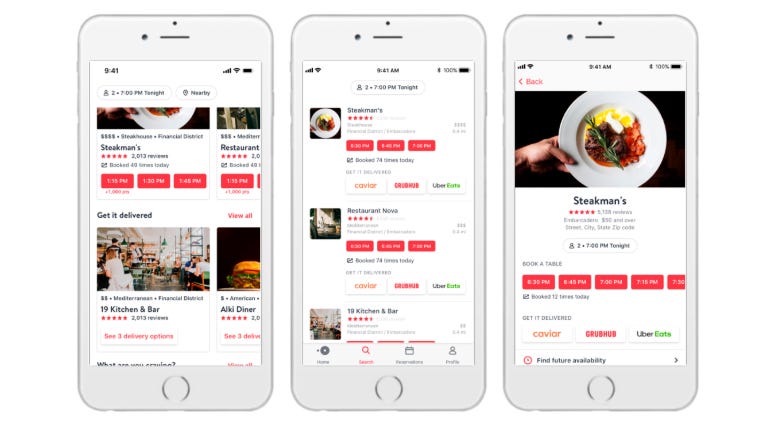 This undated product image provided by OpenTable shows the new delivery option for diners on OpenTable’s app. OpenTable