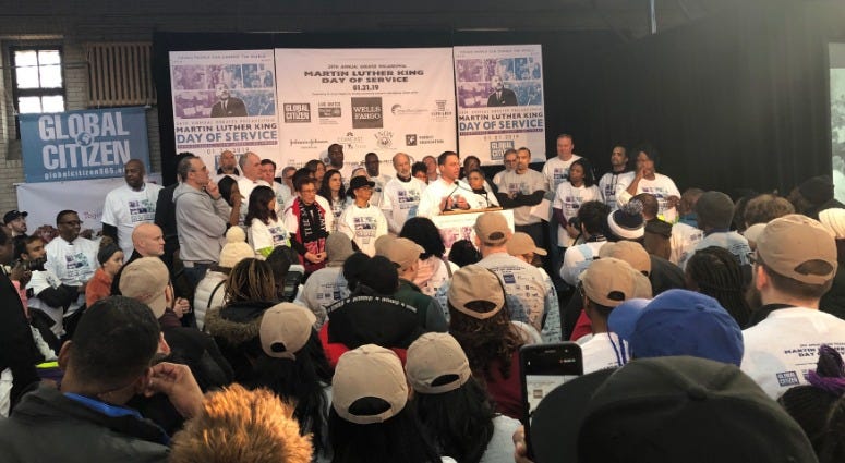 Pennsylvania Attorney General Josh Shapiro (podium) speaks at the opening ceremony of the Greater Philadelphia Martin Luther King Jr., Day of Service at Girard College, Jan. 21, 2019. He is joined by other volunteers and state officials. Pennsylvania Attorney General Josh Shapiro (podium) speaks at the opening ceremony of the Greater Philadelphia Martin Luther King Jr., Day of Service at Girard College, Jan. 21, 2019.