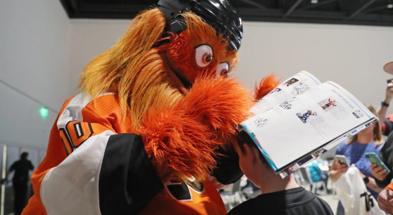 The Philadelphia Flyers mascot Gritty entertains fans at the 2019 NHL All-Star Fan Fair at the McEnery Convention Center on Jan. 26, 2019 in San Jose, California. Gritty at the 2019 NHL All-Star Fan Fair