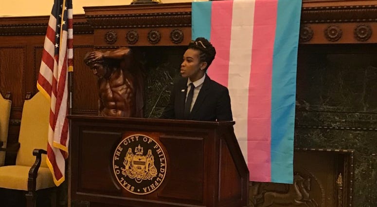 Amber Hikes, executive director of the Mayor's Office of LGBT Affairs, discusses a new Philadelphia Police Department policy that will guide interactions with transgender and non-binary individuals while in police custody, June 25, 2019. Amber Hikes