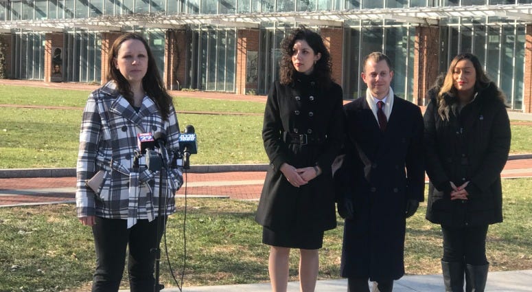 Amanda Spillane (left) speaks at Independence Hall during a press conference discussing a lawsuit she and Courtney Haveman filed against the state for denying them cosmetology licenses. Amanda Spillane (left) speaks at Independence Hall during a press conference discussing a lawsuit she and Courtney Haveman filed against the state for denying them cosmetology licenses.