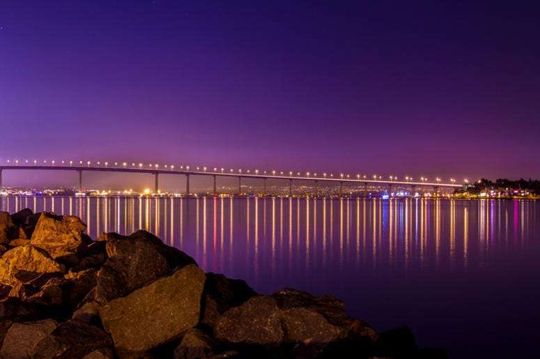 Coronado Bridge lit at night.