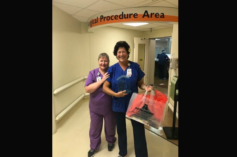 Our July 2017 CARE award winner is Cara Rauschl from Sharp Memorial Hospital (right, in blue.) She is pictured here with the nurse who nominated her, Susan Kennedy..jpg.jpg Our July 2017 CARE award winner is Cara Rauschl from Sharp Memorial Hospital (right, in blue.) She is pictured here with the nurse who nominated her, Susan Kennedy..jpg.jpg