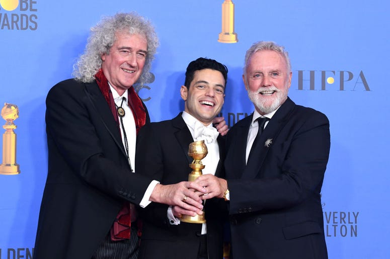 Best Actor in a Motion Picture Drama for 'Bohemian Rhapsody' winner Rami Malek (C) with Brian May and Roger Taylor of Queen pose in the press room during the 76th Annual Golden Globe Awards at The Beverly Hilton Hotel on January 6, 2019 in Beverly Hills, Best Actor in a Motion Picture Drama for 'Bohemian Rhapsody' winner Rami Malek (C) with Brian May and Roger Taylor of Queen pose in the press room during the 76th Annual Golden Globe Awards at The Beverly Hilton Hotel on January 6, 2019 in Beverly Hills,