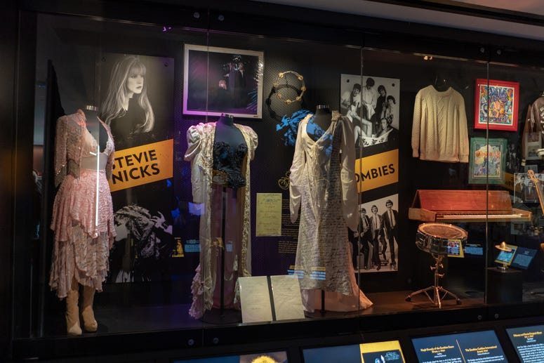 Stevie Nicks outfits including the dress from her "The Sorcerer" music video and other items on display. Stevie Nicks outfits including the dress from her "The Sorcerer" music video and other items on display.