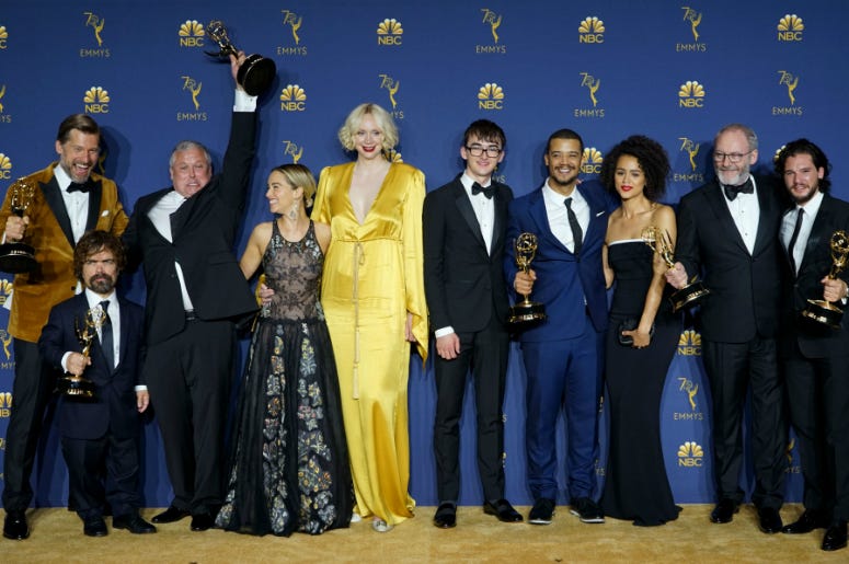 Cast members of "Game of Thrones" pose for a photo after winning the award of outstanding drama series during the 70th Primetime Emmy Awards in Los Angeles Cast members of "Game of Thrones" pose for a photo after winning the award of outstanding drama series during the 70th Primetime Emmy Awards in Los Angeles