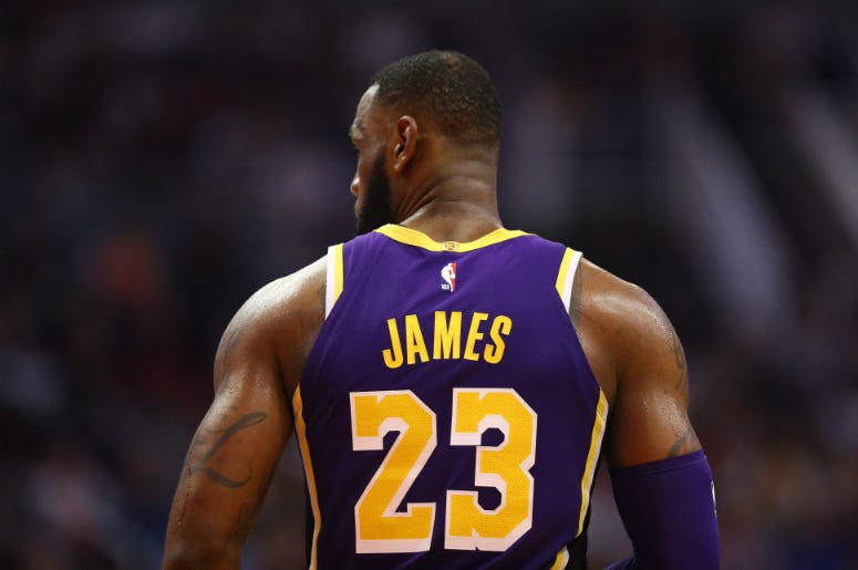 Detailed view of the jersey worn by Los Angeles Lakers forward Lebron James (23) against the Phoenix Suns at Talking Stick Resort Arena. Detailed view of the jersey worn by Los Angeles Lakers forward Lebron James (23) against the Phoenix Suns at Talking Stick Resort Arena.