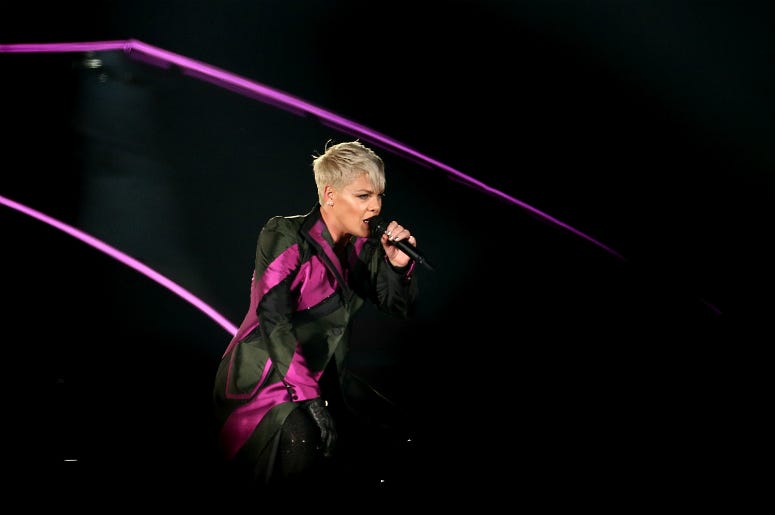 Singer Pink performs live on stage at Forsyth Barr Stadium on September 1, 2018 Singer Pink performs live on stage at Forsyth Barr Stadium on September 1, 2018