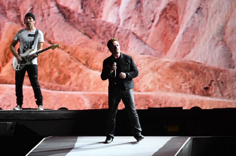 Bono and The Edge of U2 performs at Hard Rock Stadium. Bono and The Edge of U2 performs at Hard Rock Stadium.