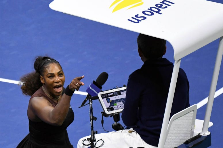 Serena Williams Sep 8, 2018; New York, NY, USA; Serena Williams of the United States yells at chair umpire Carlos Ramos in the women's final against Naomi Osaka of Japan on day thirteen of the 2018 U.S. Open tennis tournament at USTA Billie Jean King National Tennis Cent