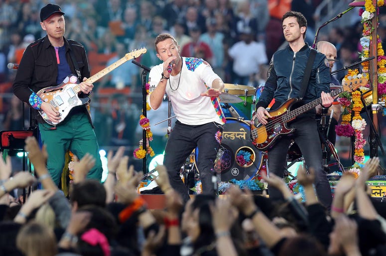 Feb 7, 2016; Santa Clara, CA, USA; Recording artist Coldplay performs during halftime in Super Bowl 50 at Levi's Stadium. Mandatory Credit: Matthew Emmons-USA TODAY Sports