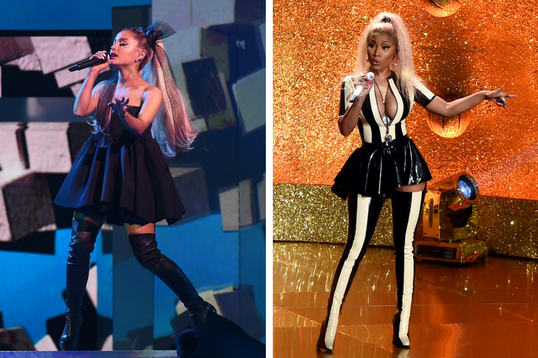 Ariana Grande performs at the 2018 Billboard Music Awards. / Nicki Minaj performs on the 2017 'MTV Video Music Awards'. Ariana Grande performs at the 2018 Billboard Music Awards. / Nicki Minaj performs on the 2017 'MTV Video Music Awards'.