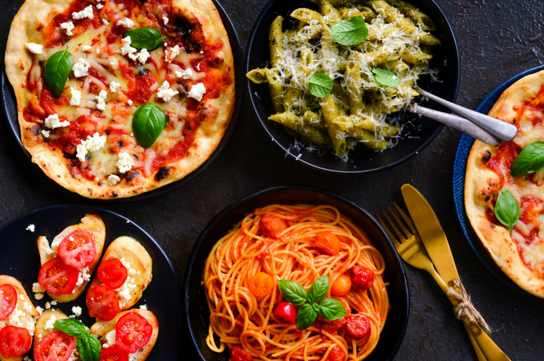 Italian vegetarian platter-pasta,bruschetta and pizza Italian vegetarian platter-pasta,bruschetta and pizza