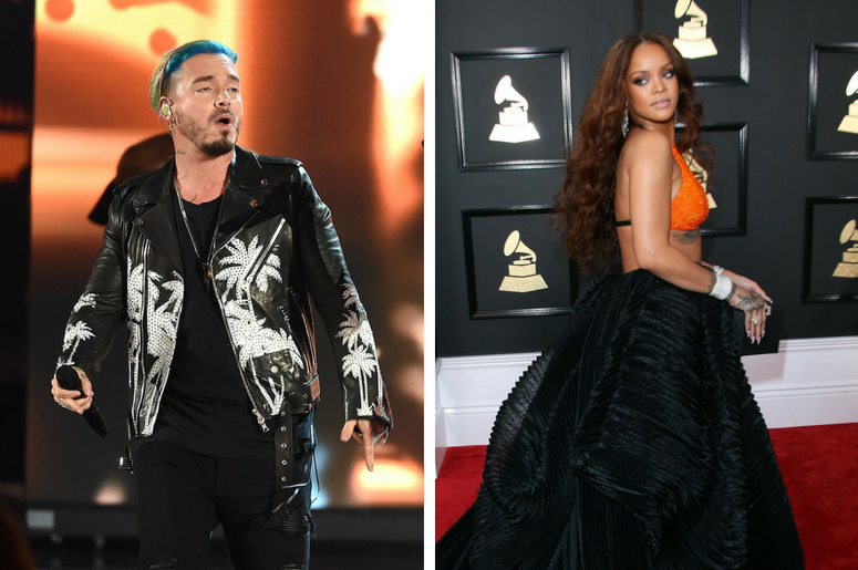 LOS ANGELES, CA - May 7: (L-R) Singer J Balvin performs on the 2017 MTV Movie & TV Awards at the Shrine Auditorium. / Feb 12, 2017; Los Angeles, CA, USA; Rihanna arrives at the 59th Annual Grammy Awards at Staples Center. LOS ANGELES, CA - May 7: (L-R) Singer J Balvin performs on the 2017 MTV Movie & TV Awards at the Shrine Auditorium. / Feb 12, 2017; Los Angeles, CA, USA; Rihanna arrives at the 59th Annual Grammy Awards at Staples Center.
