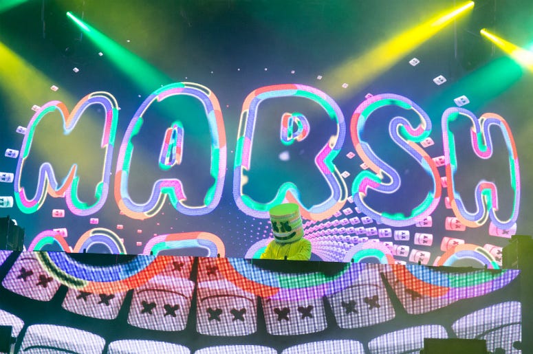 Marshmello during Bonnaroo Music and Arts Festival at Great Stage Park on June 10, 2017, in Manchester, Tennessee. Marshmello during Bonnaroo Music and Arts Festival at Great Stage Park on June 10, 2017, in Manchester, Tennessee.