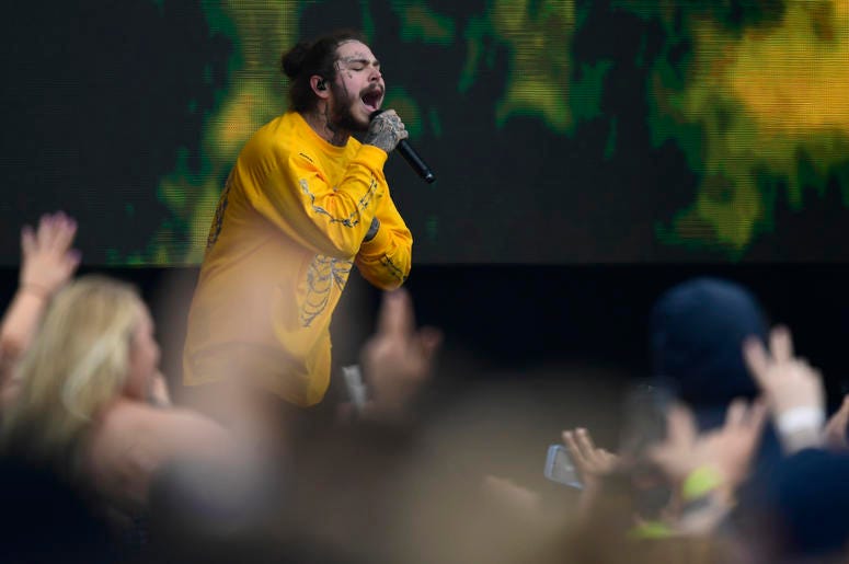 American rapper Post Malone performs in the infield prior to the running of the 143rd Preakness Steaks at Pimlico Race Course American rapper Post Malone performs in the infield prior to the running of the 143rd Preakness Steaks at Pimlico Race Course