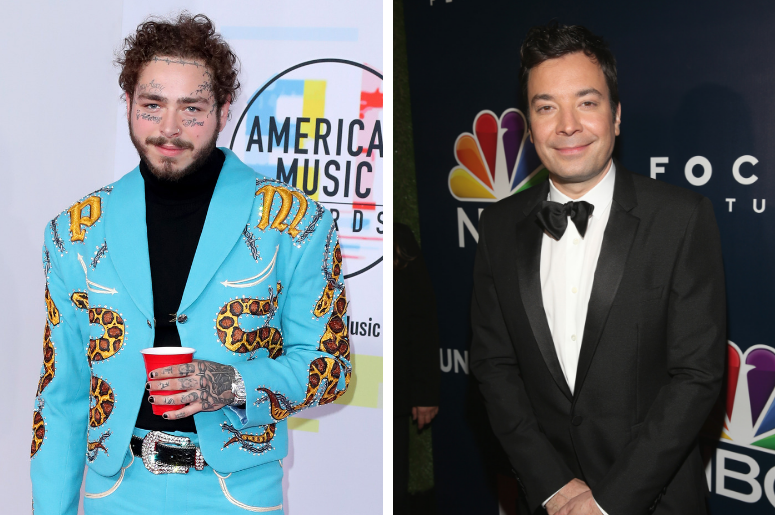 Post Malone | Jimmy Fallon ost Malone at the 2018 American Music Awards at the Microsoft Theatre on October 9, 2018 in Los Angeles, California. / TV personality Jimmy Fallon attends the Universal, NBC, Focus Features, E! Entertainment Golden Globes after party sponsored by Chrysler