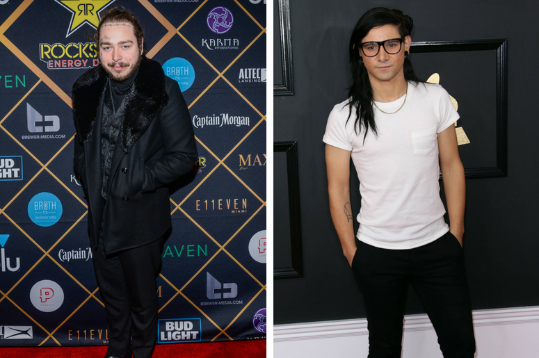 Post Malone | Skrillex Post Malone walking on the red carpet at the The 2018 MAXIM Party held at Schaffer-Richardson Building on February 3, 2018 in Minneapolis, Minnesota. / Feb 12, 2017; Los Angeles, CA, USA; Skrillex arrives at the 59th Annual Grammy Awards at Staples Center