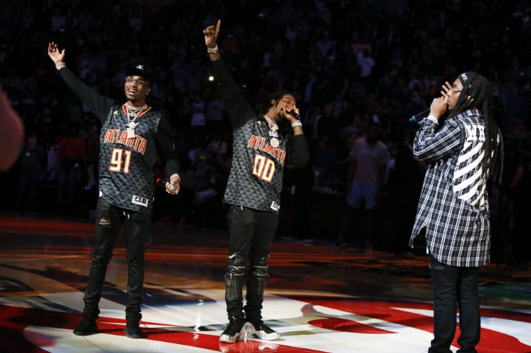 Quavo and Offset and Takeoff from the hip-hop group Migos performs during halftime of a game between the Memphis Grizzlies and Atlanta Hawks. Quavo and Offset and Takeoff from the hip-hop group Migos performs during halftime of a game between the Memphis Grizzlies and Atlanta Hawks.