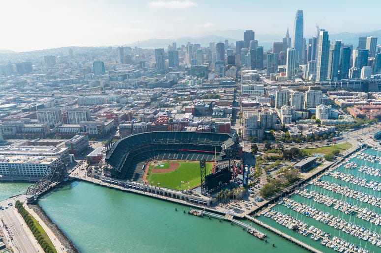 Aerial view of San Francisco skyline and AT&T Park on a beautiful sunny summer. Aerial view of San Francisco skyline and AT&T Park on a beautiful sunny summer. (Photo credit: ©Giovanni Gagliardi/Dreamstime)