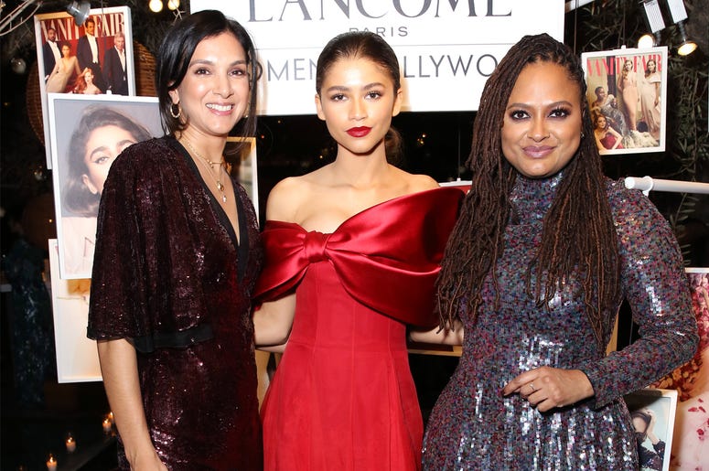 Vanity Fair Editor-in-Chief Radhika Jones, Zendaya, Ava DuVernay WEST HOLLYWOOD, CALIFORNIA - FEBRUARY 21: (L-R) Vanity Fair Editor-in-Chief Radhika Jones, Zendaya, Ava DuVernay attend Vanity Fair and Lancôme Toast Women In Hollywood on February 21, 2019 in West Hollywood, California. (Photo by Rachel Murray/Getty Imag