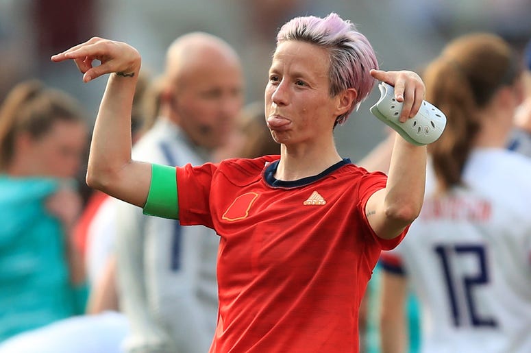 Megan Rapinoe REIMS, FRANCE - JUNE 24: Megan Rapinoe of the USA reacts after the 2019 FIFA Women's World Cup France Round Of 16 match between Spain and USA at Stade Auguste Delaune on June 24, 2019 in Reims, France. (Photo by Mar