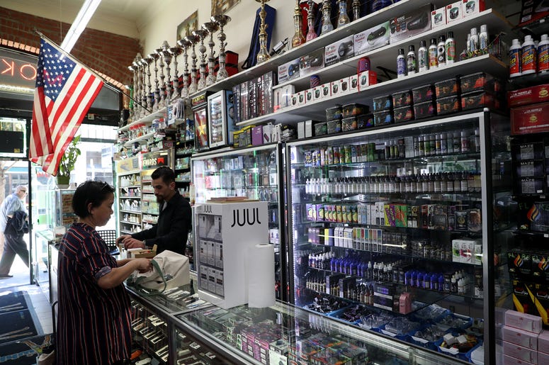 e-Cigarette Dealer SAN FRANCISCO, CALIFORNIA - JUNE 25: E-Cigarette vaporizer components and products are displayed at Smoke and Gift Shop on June 25, 2019 in San Francisco, California. The San Francisco Board of Supervisors voted unanimously, 11-0, to be the first city in