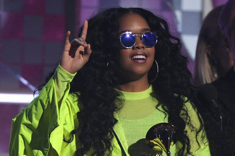 H.E.R. February 10, 2019; Los Angeles, CA, USA; H.E.R. accepts the award for best R&B album during the 61st Annual GRAMMY Awards on Feb. 10, 2019 at STAPLES Center in Los Angeles, Calif. Mandatory Credit: Robert Hanashiro-USA Today Network