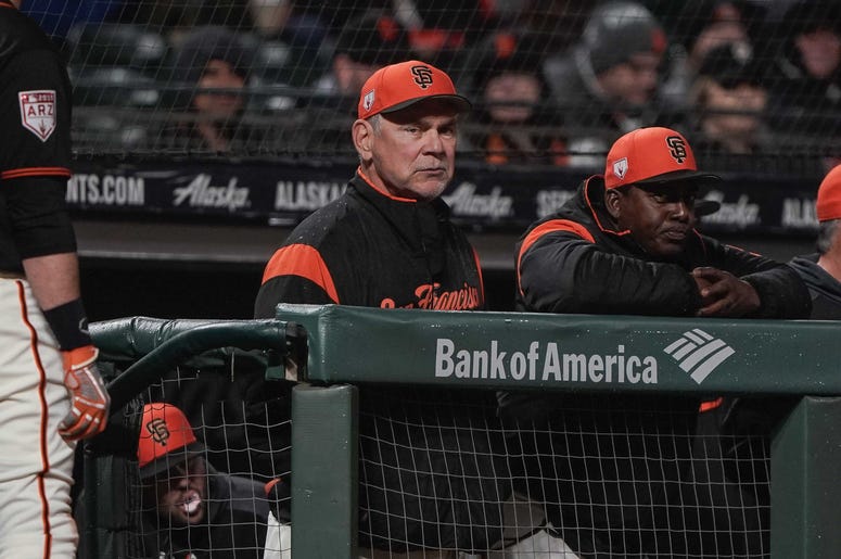 San Francisco Giants manager Bruce Bochy Mar 25, 2019; San Francisco, CA, USA; San Francisco Giants manager Bruce Bochy (15) watches the game against the Oakland Athletics during the first inning at Oracle Park. Mandatory Credit: Stan Szeto-USA TODAY Sports