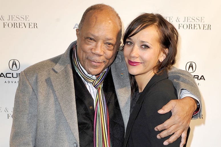 Quincy Jones and Rashida Jones PARK CITY, UT - JANUARY 20: Producer Quincy Jones (L) and actress Rashida Jones attend the 'Celeste and Jesse Forever' dinner held at Acura Studio on January 20, 2012 in Park City, Utah. (Photo by Jerod Harris/Getty Images for Acura)
