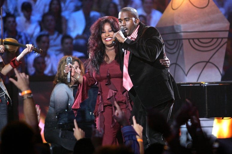 Kanye West and Chaka Khan MIAMI - AUGUST 29: Kanye West and Chaka Khan perform at the 2004 MTV Video Music Awards at the American Airlines Arena August 29, 2004 in Miami, Florida. (Photo by Frank Micelotta/Getty Images)