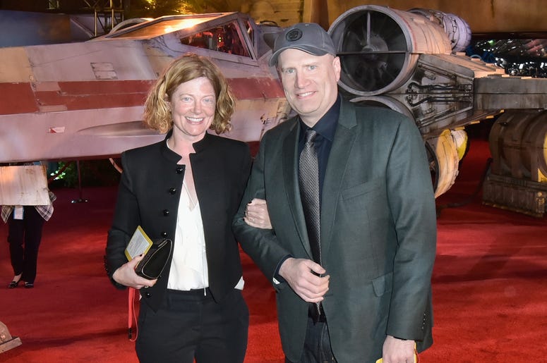 Kevin Feige and Caitlin Feige HOLLYWOOD, CA - DECEMBER 10: President of Marvel Studios Kevin Feige (R) and Caitlin Feige attend The World Premiere of Lucasfilm's highly anticipated, first-ever, standalone Star Wars adventure, "Rogue One: A Star Wars Story" at the Pantages Theatre on D