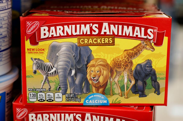 7e2591d944404d2f94a33b500b3b406a This Monday, Aug. 20, 2018, photo shows a box of Nabisco Barnum's Animals crackers on the shelf of a local grocery store in Des Moines, Iowa. Mondelez International says it has redesigned the packaging of its Barnum’s Animals crackers after relenting to p